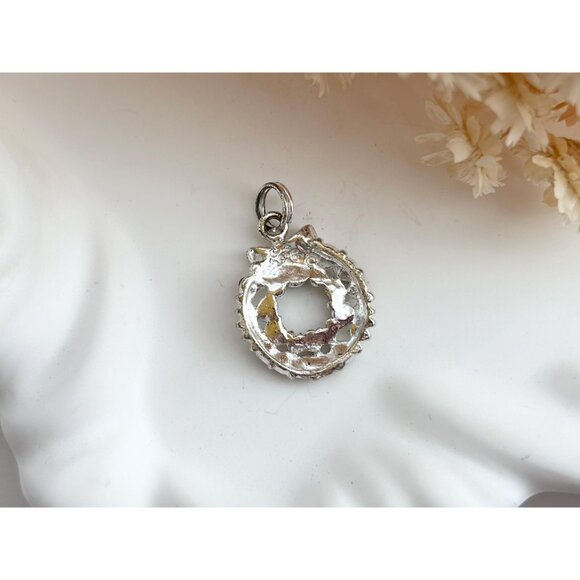 Christmas Wreath Green & Red Rhinestone 925 Sterling Silver Vintage Pendant - Picture 2 of 10